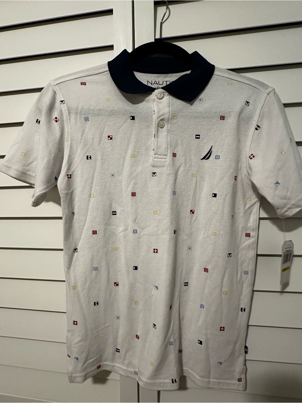 Nautica Bright White Shirt with Red & Blue Square design